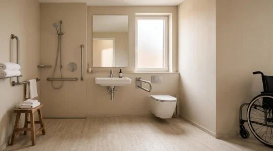 Salle d'eau PMR compacte et lumineuse alliant accessibilité et esthétique chaleureuse