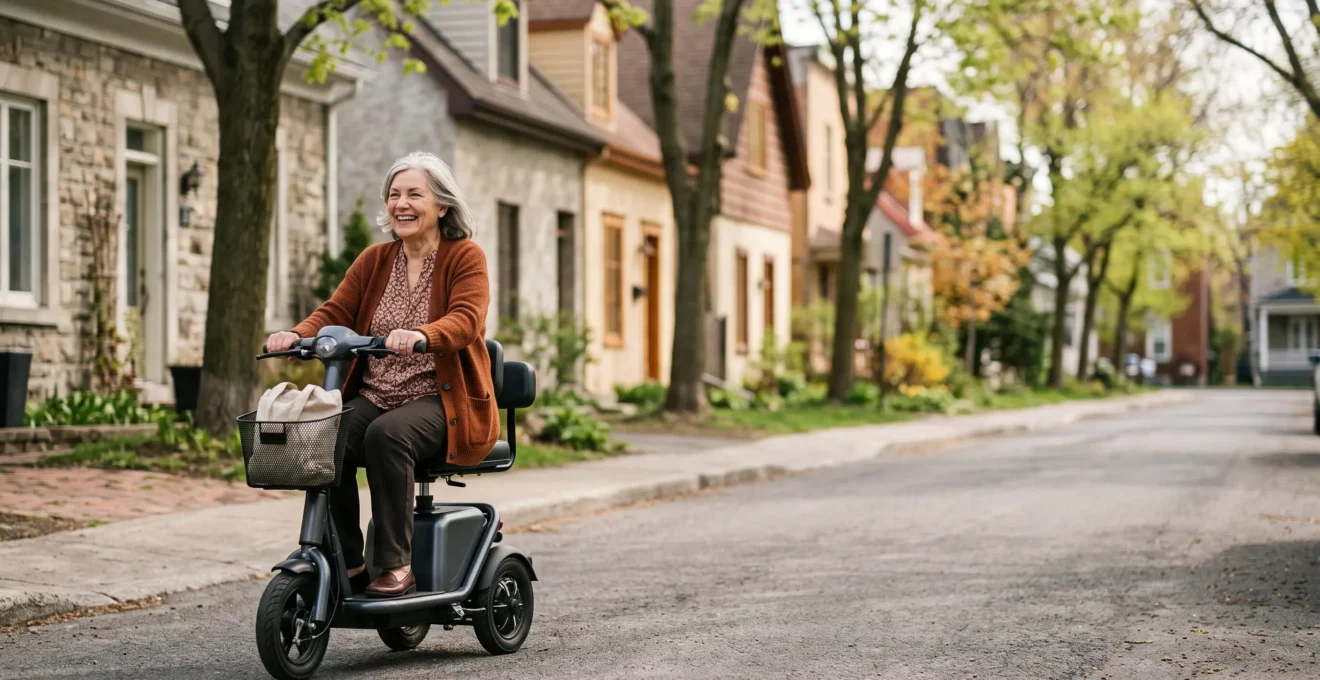 Personne à mobilité réduite conduisant un scooter électrique dans une rue résidentielle calme, symbolisant l'autonomie et la liberté de déplacement sur cinq kilomètres.