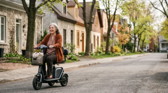 Personne à mobilité réduite conduisant un scooter électrique dans une rue résidentielle calme, symbolisant l'autonomie et la liberté de déplacement sur cinq kilomètres.
