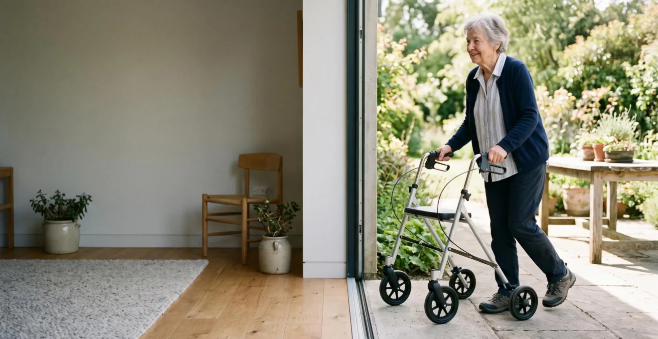 Une personne agee utilise un deambulateur a roues pour passer du salon vers une terrasse ensoleillee, illustrant une marche securisee en interieur et exterieur