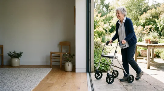 Une personne agee utilise un deambulateur a roues pour passer du salon vers une terrasse ensoleillee, illustrant une marche securisee en interieur et exterieur