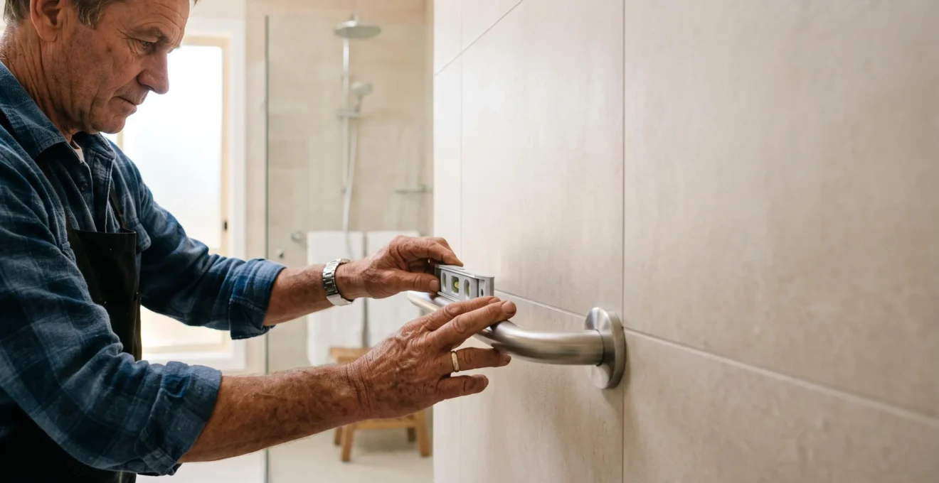 Artisan vérifiant avec soin l'installation d'un équipement d'accessibilité dans une salle de bain lumineuse et chaleureuse