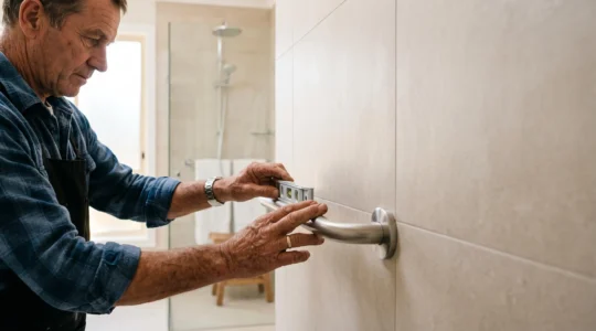 Artisan vérifiant avec soin l'installation d'un équipement d'accessibilité dans une salle de bain lumineuse et chaleureuse