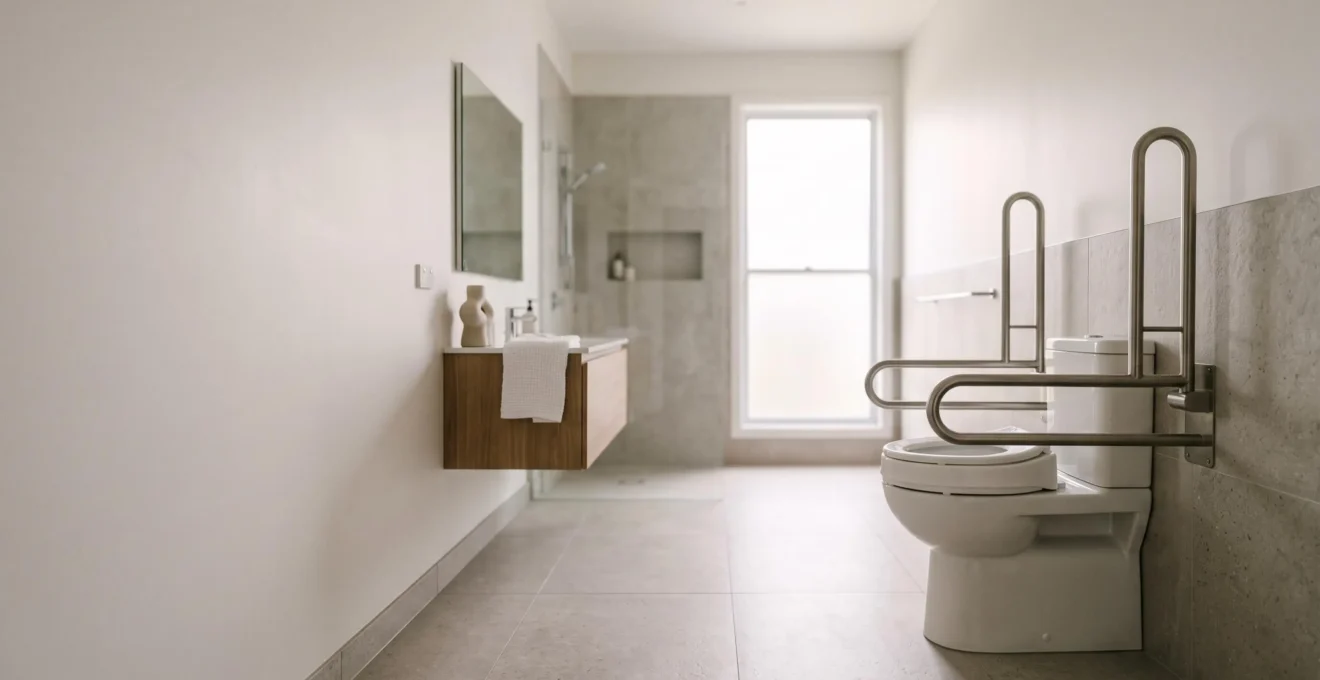 Salle de bain accessible avec WC surélevé et barres d'appui, symbole de confort et de sécurité pour les personnes à mobilité réduite