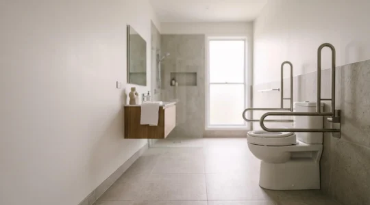Salle de bain accessible avec WC surélevé et barres d'appui, symbole de confort et de sécurité pour les personnes à mobilité réduite