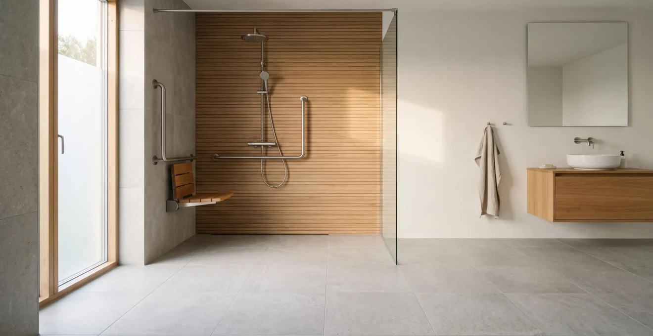 Salle de bain PMR lumineuse et epuree avec un large espace de transfert au sol pres de la douche