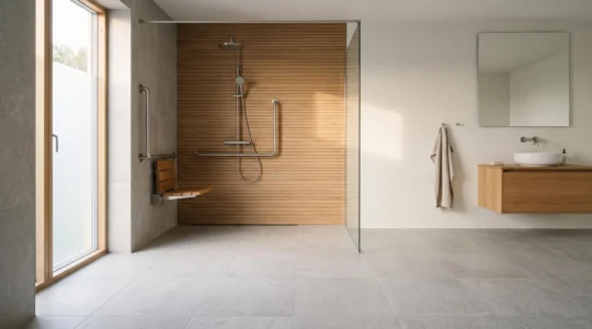 Salle de bain PMR lumineuse et epuree avec un large espace de transfert au sol pres de la douche