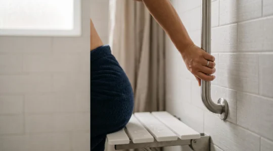 Personne se transférant en toute autonomie et sécurité vers un siège de douche adapté dans une salle de bain épurée et lumineuse