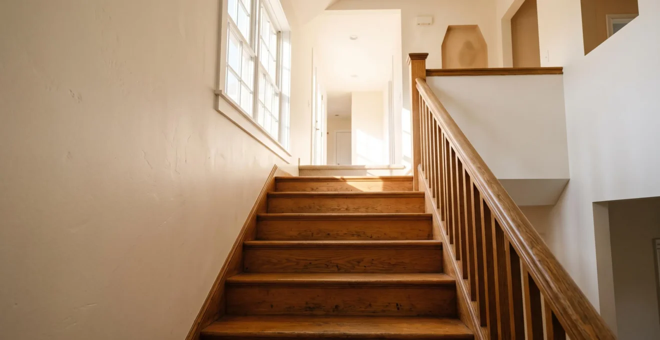 Escalier intérieur baigné de lumière naturelle symbolisant le retour à l'accès libre vers l'étage d'une maison