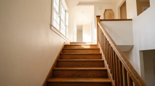 Escalier intérieur baigné de lumière naturelle symbolisant le retour à l'accès libre vers l'étage d'une maison