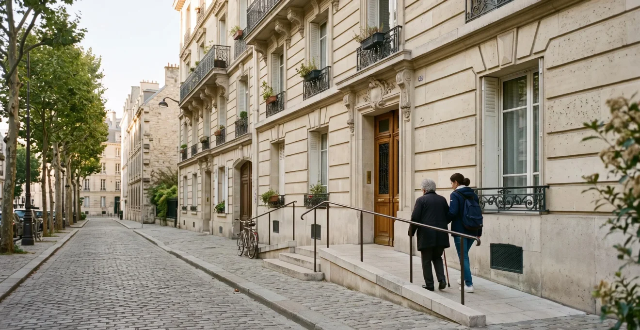 Facade d'un immeuble residentiel francais integrant harmonieusement une rampe d'acces discrete, symbole de l'adaptation de l'habitat au vieillissement