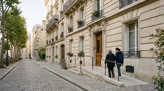 Facade d'un immeuble residentiel francais integrant harmonieusement une rampe d'acces discrete, symbole de l'adaptation de l'habitat au vieillissement