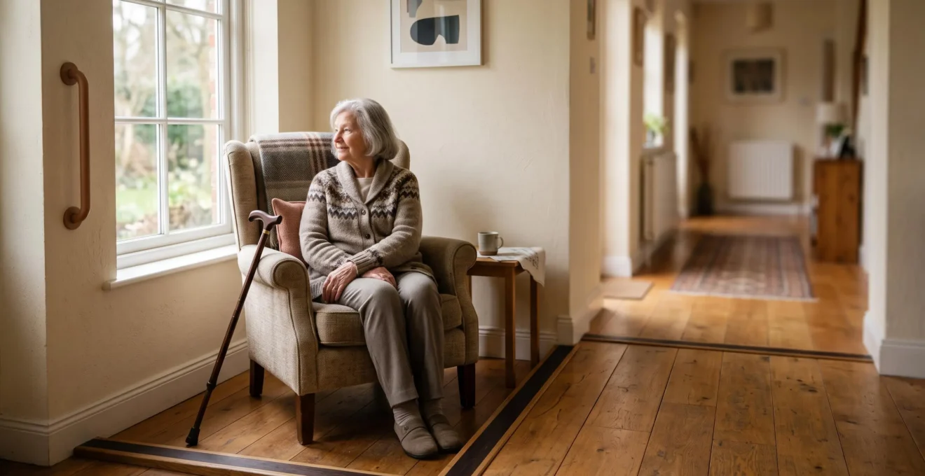 Intérieur chaleureux et sécurisé conçu pour une personne âgée fragile, avec espace de circulation dégagé et lumière douce