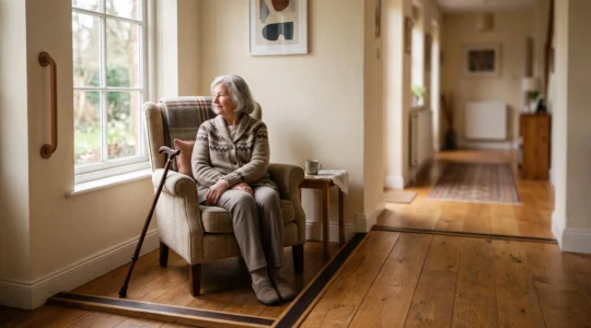 Intérieur chaleureux et sécurisé conçu pour une personne âgée fragile, avec espace de circulation dégagé et lumière douce