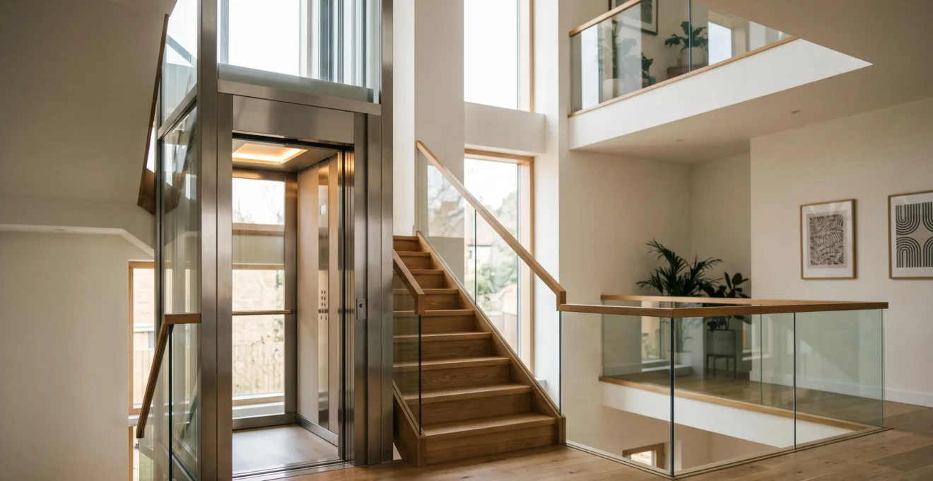Vue d'ensemble d'une maison à trois étages intégrant un ascenseur privatif pour une accessibilité totale en fauteuil roulant