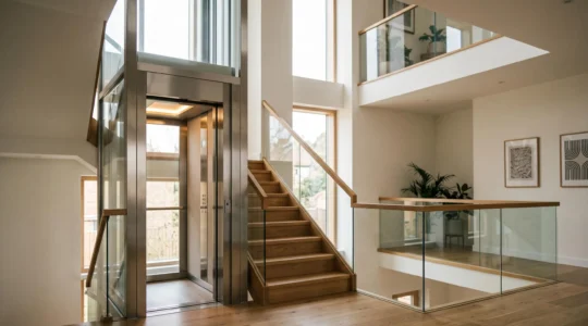 Vue d'ensemble d'une maison à trois étages intégrant un ascenseur privatif pour une accessibilité totale en fauteuil roulant